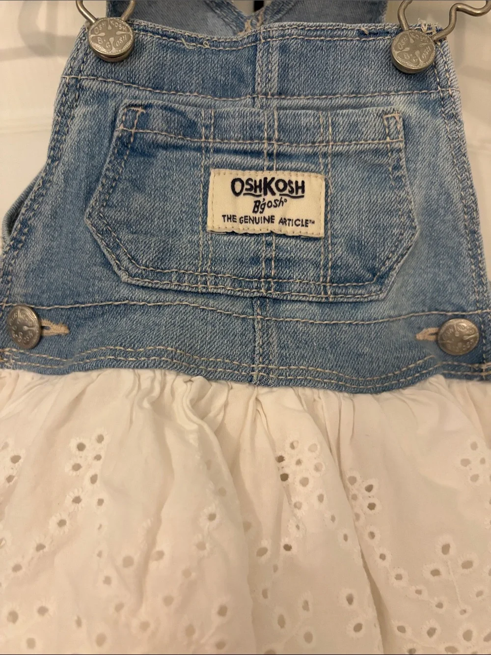 OshKosh B'gosh Denim Overall Dress Light Blue and White Eyelet Ruffles 6 Months